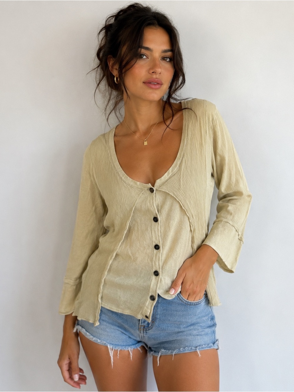 Poool’s Beige Cotton Button Front Cardigan Top Size 44